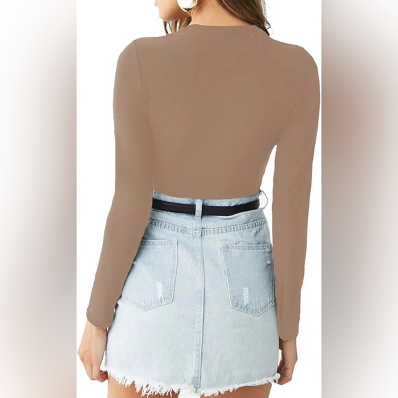 LINMON Mocha Long Sleeve Bodysuit Surplice Ruched Plunge V Neck Stretchy… - Picture 3 of 10